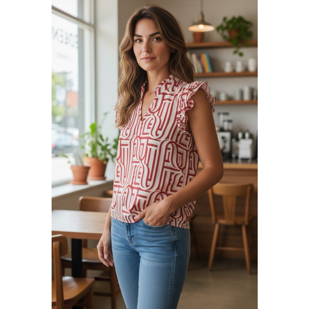 MICHELLE MCDOWELL Marley Touchdown Top In Crimson/White Ruffle Sleeves Size M